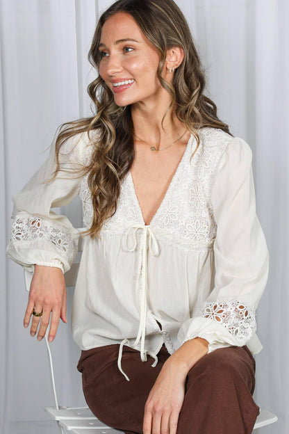 Eyelet Lace Tie Front V-Neck Long Puff Blouse Top - Southern Sassy Boutique