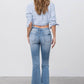 Mid Rise Long Bottom Frayed Crop Flare Jeans