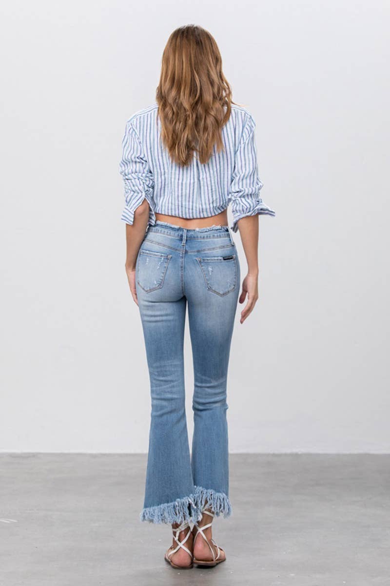 Mid Rise Long Bottom Frayed Crop Flare Jeans
