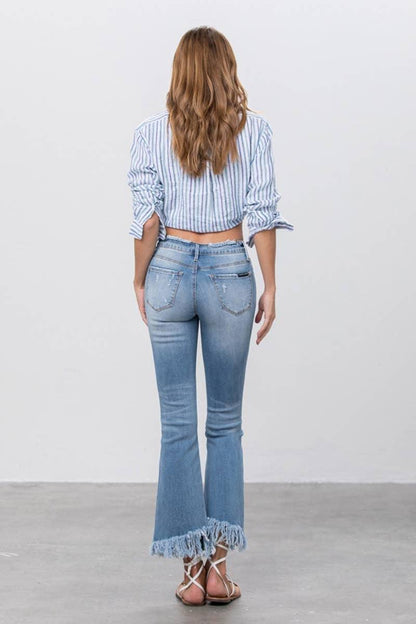 Mid Rise Long Bottom Frayed Crop Flare Jeans - Southern Sassy Boutique