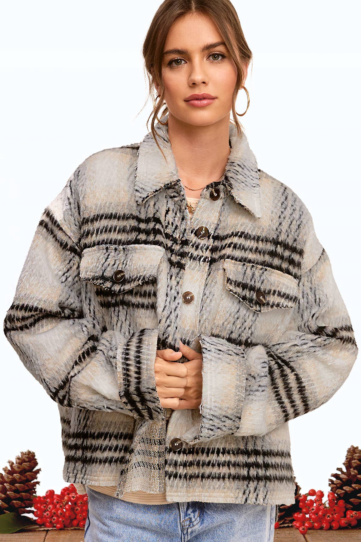 Plaid Patterned Soft Brushed Button-Down Jacket