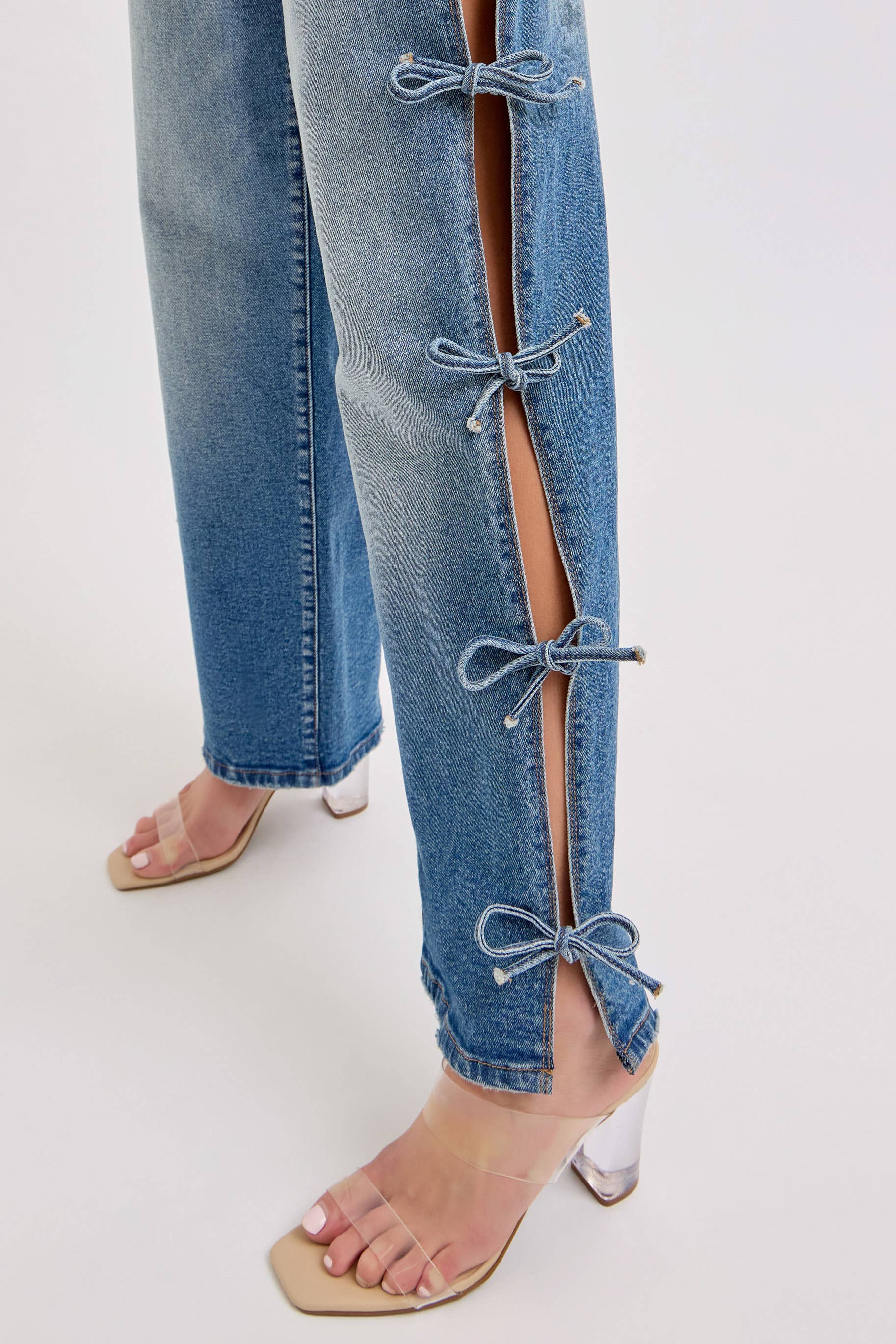 AM19530LRS-M Mid Rise Baggy Dad Jean with Side Self Tie - Southern Sassy Boutique