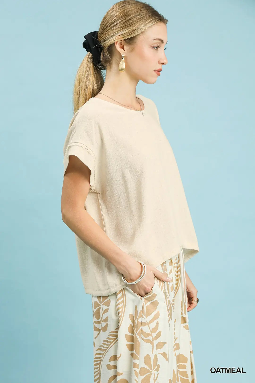 Drawstring Linen Blend Top