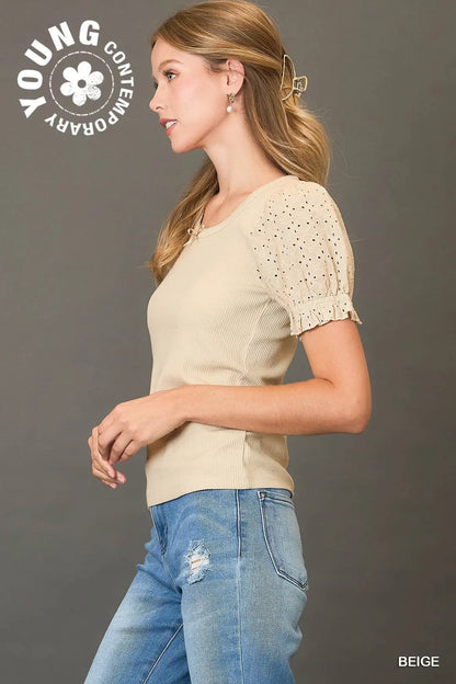 Short Sleeve Top with Eyelet Lace Sleeves