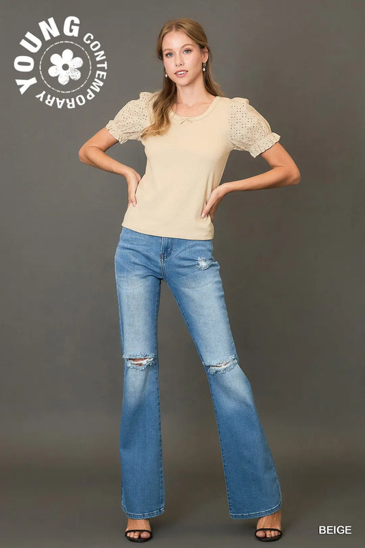 Short Sleeve Top with Eyelet Lace Sleeves