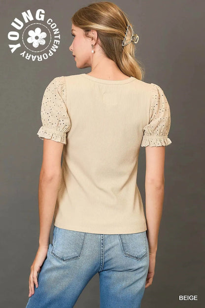 Short Sleeve Top with Eyelet Lace Sleeves