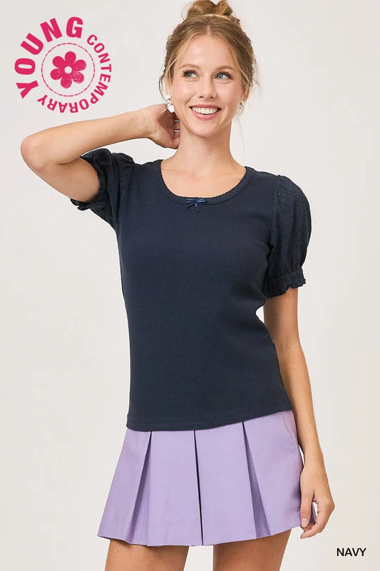 Short Sleeve Top with Eyelet Lace Sleeves