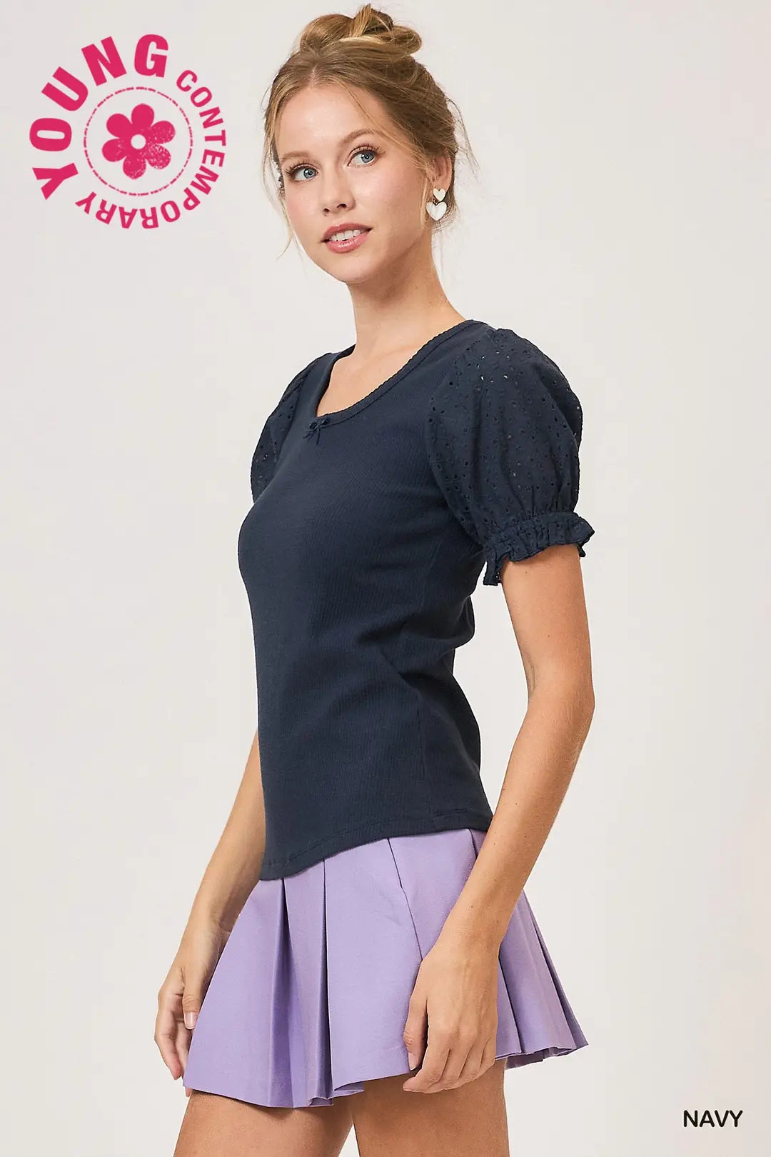 Short Sleeve Top with Eyelet Lace Sleeves