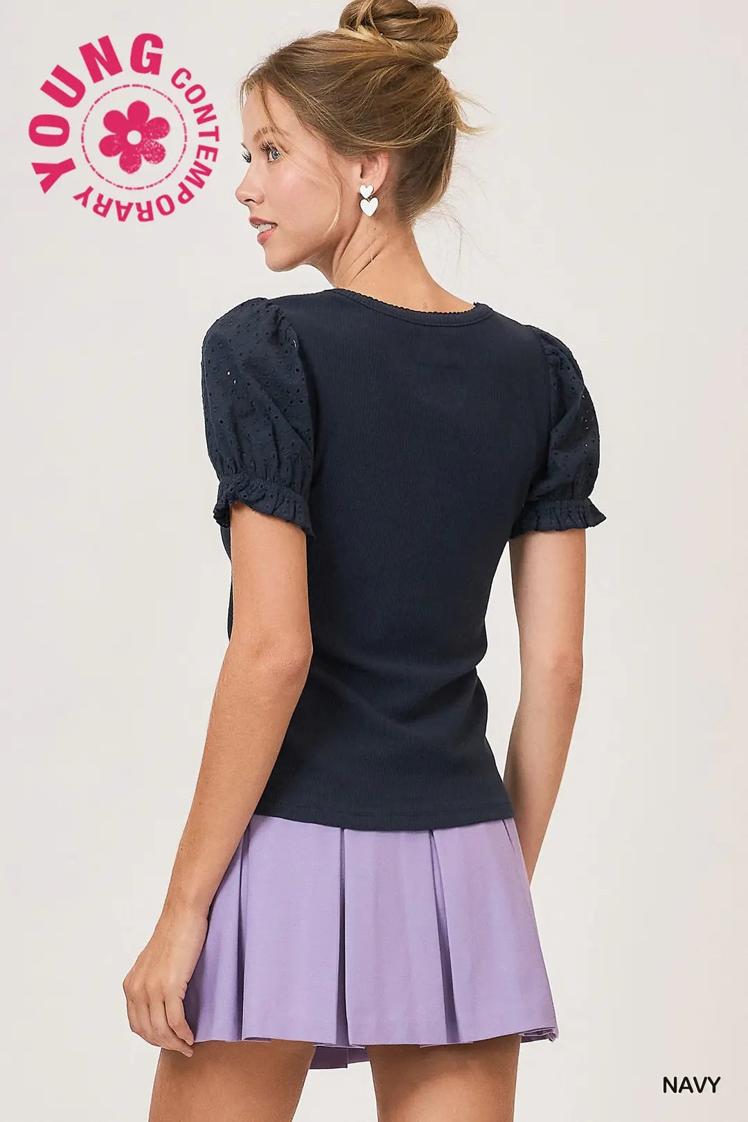 Short Sleeve Top with Eyelet Lace Sleeves