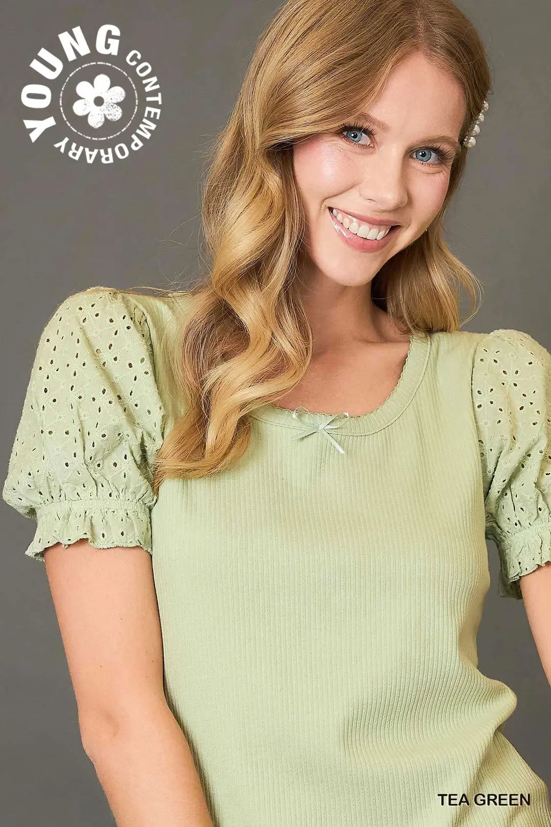 Short Sleeve Top with Eyelet Lace Sleeves