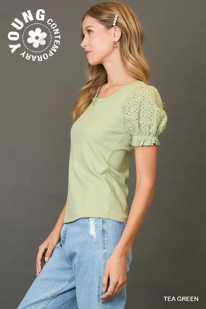 Short Sleeve Top with Eyelet Lace Sleeves
