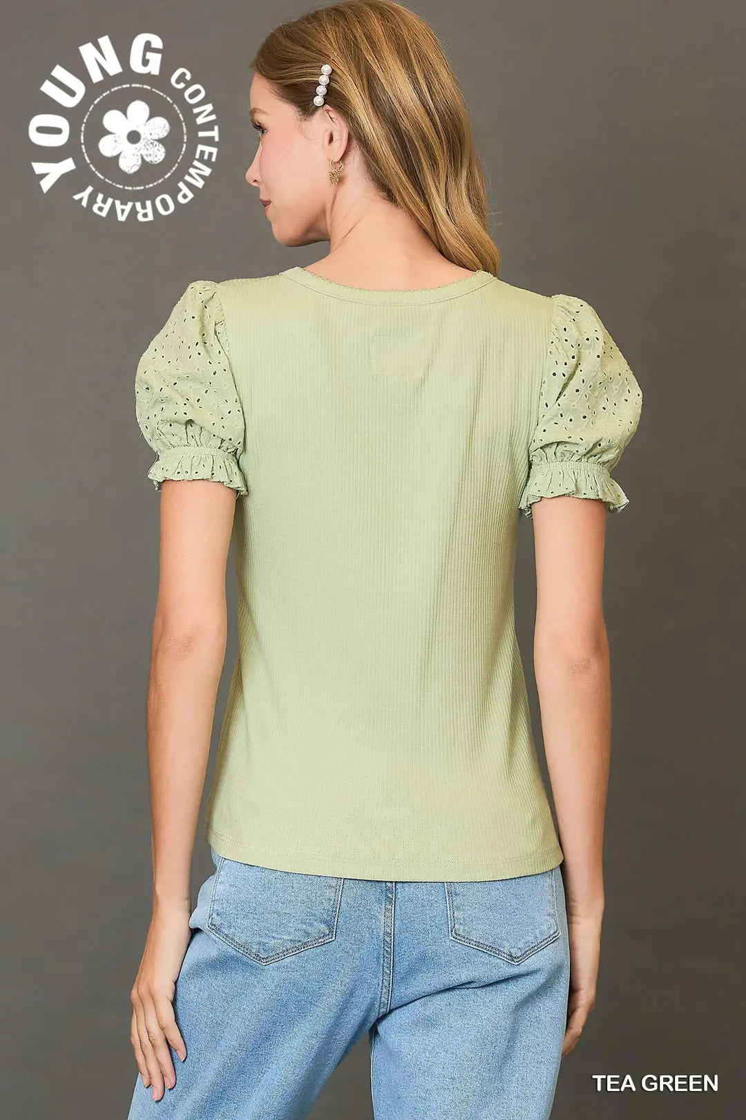 Short Sleeve Top with Eyelet Lace Sleeves