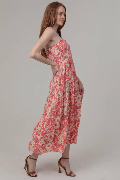 Strapless Floral Print Midi Dress
