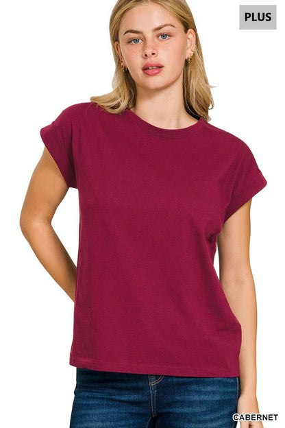 Plus Round Neck Folded Short Sleeve T Shirt