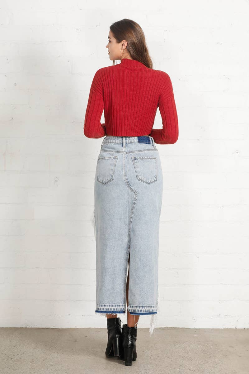 High Rise Distressed Denim Maxi Skirt