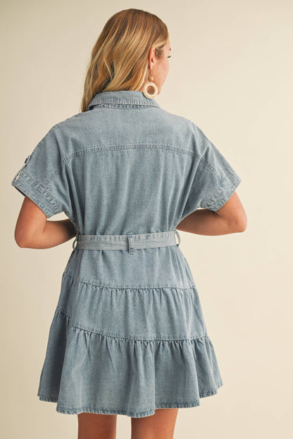 RUFFLE TIERED DENIM DRESS