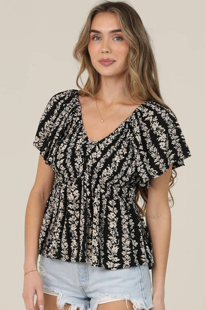 V Neck Smocked Bodice Top