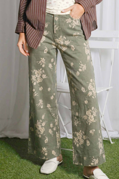 Floral Print Straight Leg Cotton Denim Span Pants