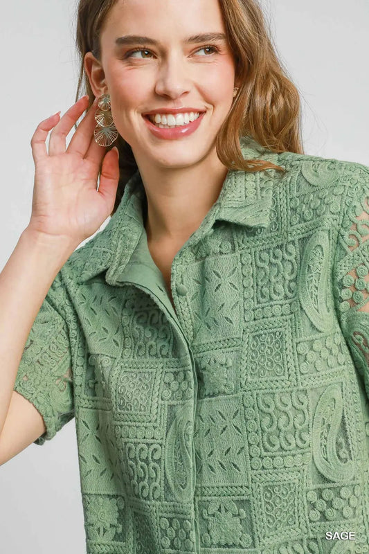 Button Down Lace Dress with Paisley Print