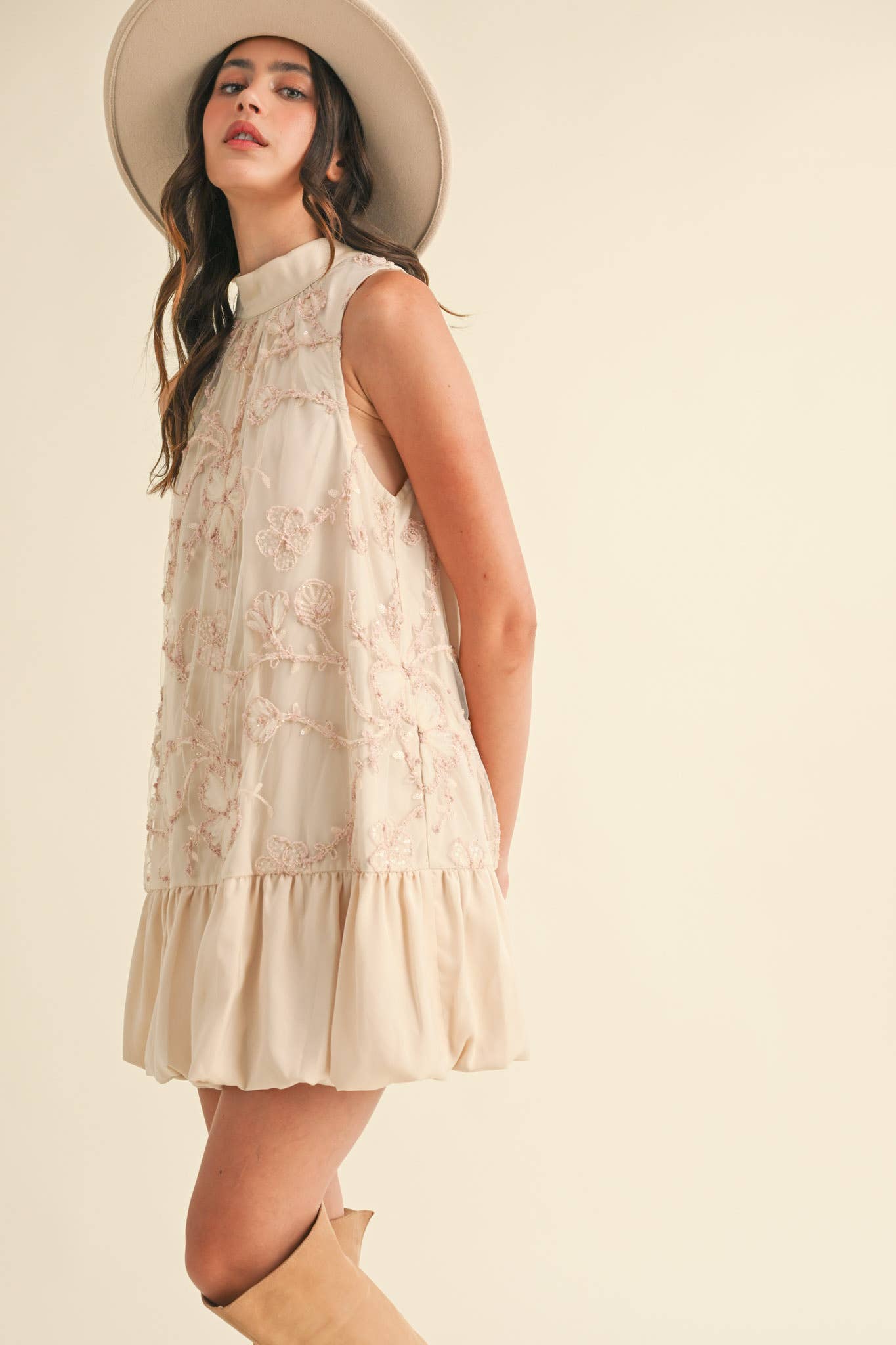 BUBBLE HEM EMBELLISHED MIXED MEDIA MINI DRESS