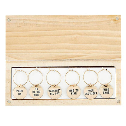 Gold Wine Charms in Pine Box - Wine Tasting Daily - Southern Sassy Boutique