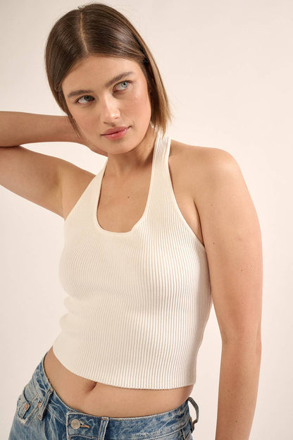 Shaper Fit Halter Rib Knit Open Back Tank Top
