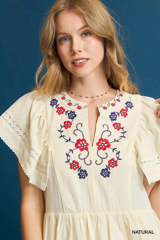 Embroidered Flutter Sleeve Dress