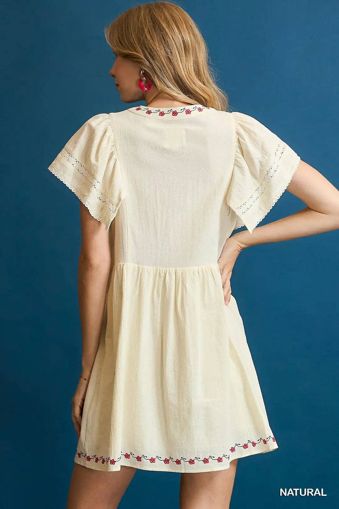Embroidered Flutter Sleeve Dress