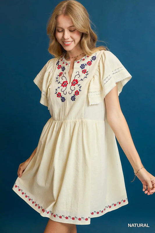 Embroidered Flutter Sleeve Dress