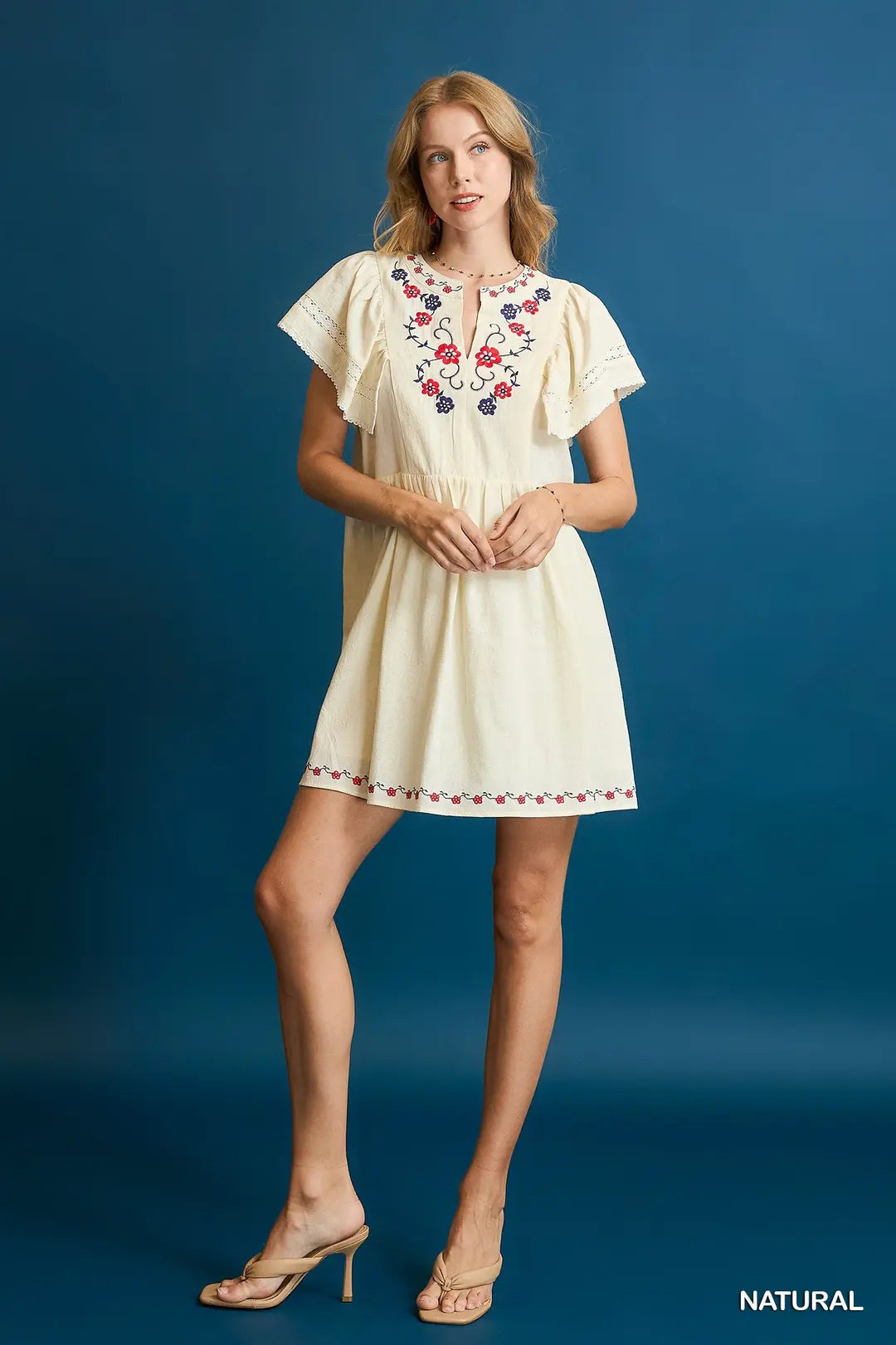 Embroidered Flutter Sleeve Dress