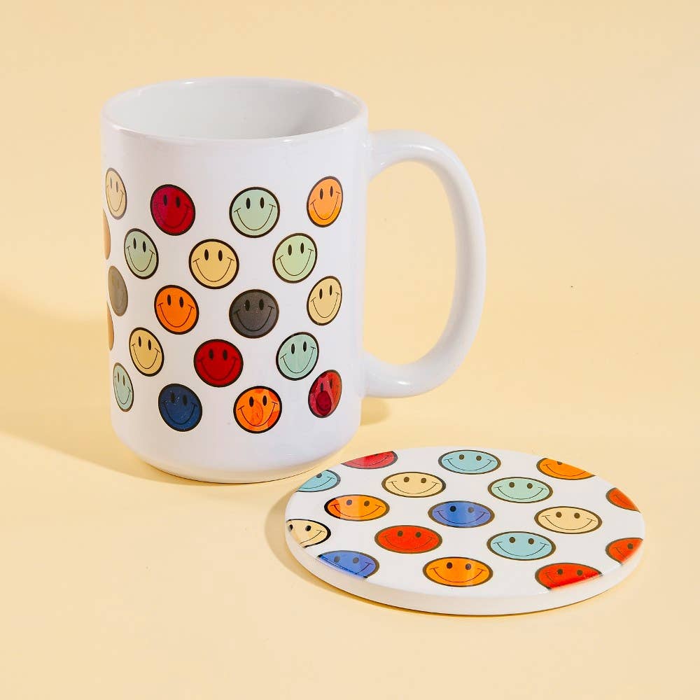 Colorful Smiley Faces 15 Oz Mug With Matching Coaster Gift