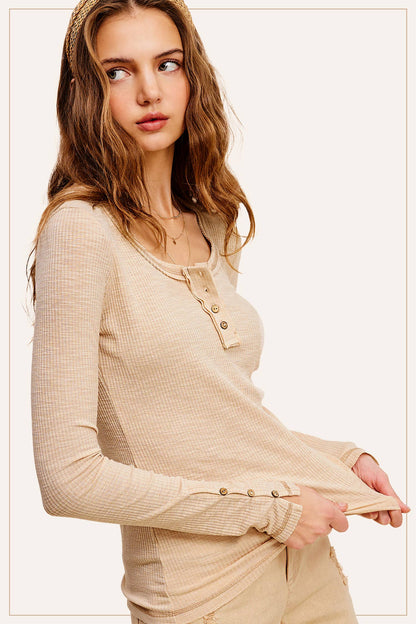 Ribbed Henley Neck Stitched Fitted Long Sleeve Top