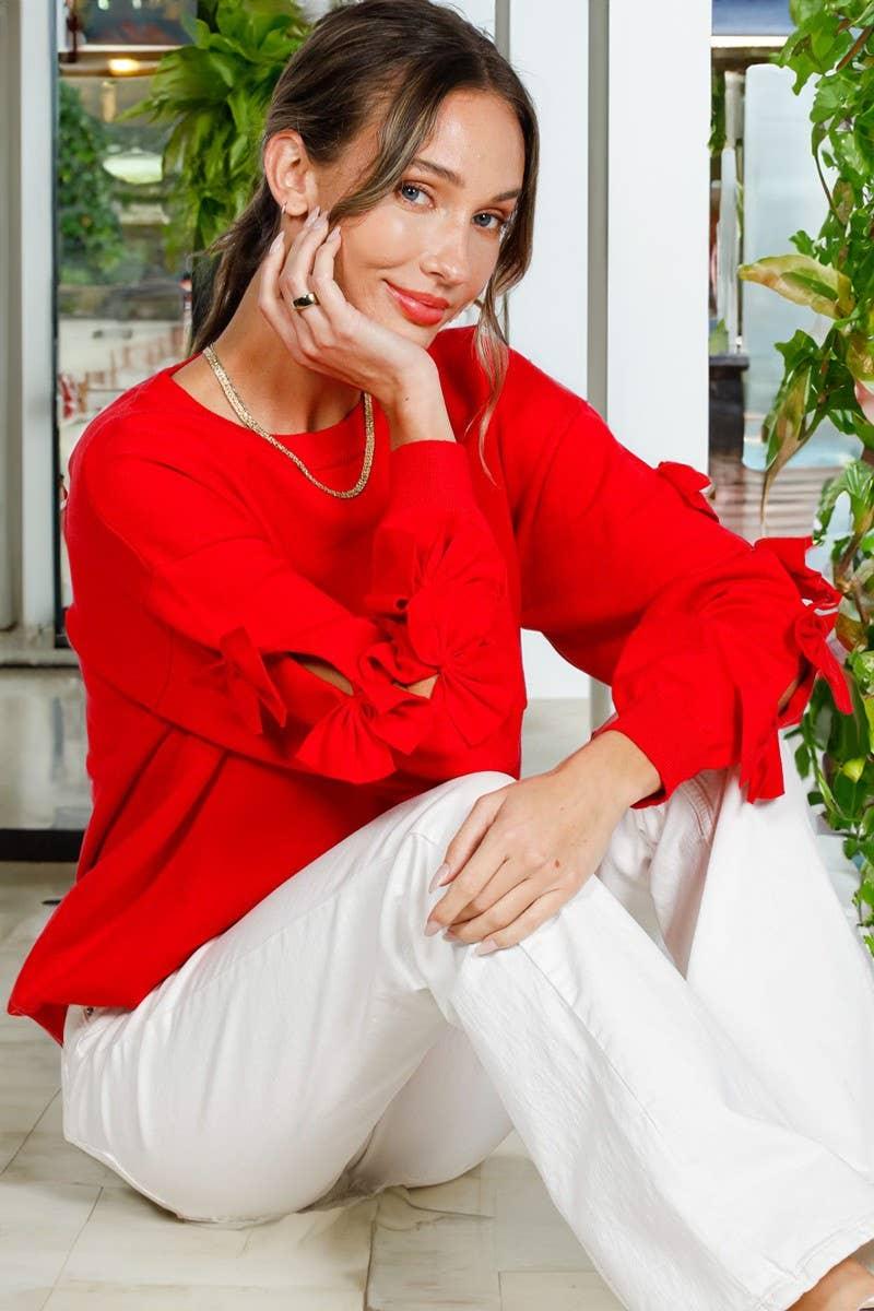Bow Embellished Long-Sleeve Crew Neck Knit Sweater VT82605- - Southern Sassy Boutique