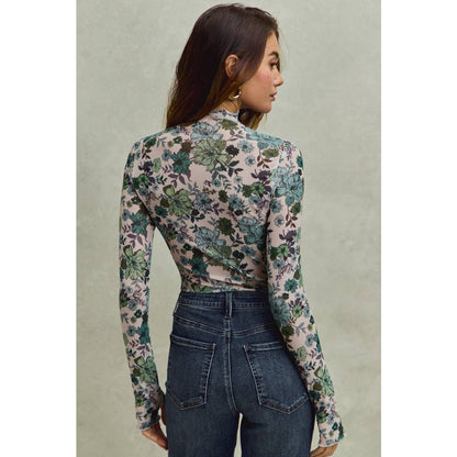 Floral Print Mesh Knit Long Sleeve Top