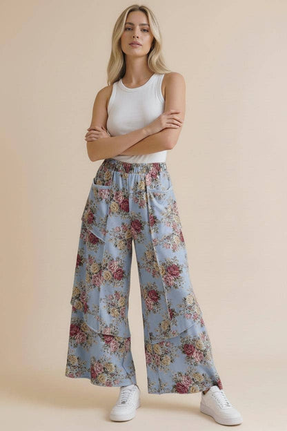 Elastic Waist Wide Leg Vintage Floral Pant