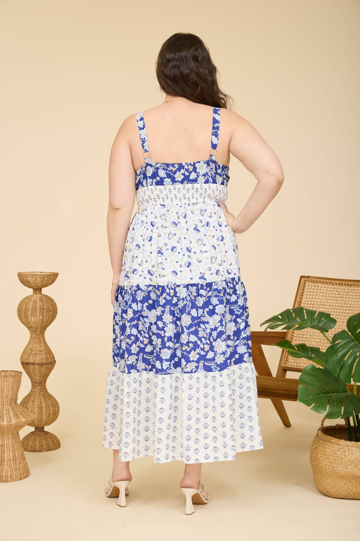 PLUS MIXED FLORAL SPAGHETTI TIERED MIDI DRESS