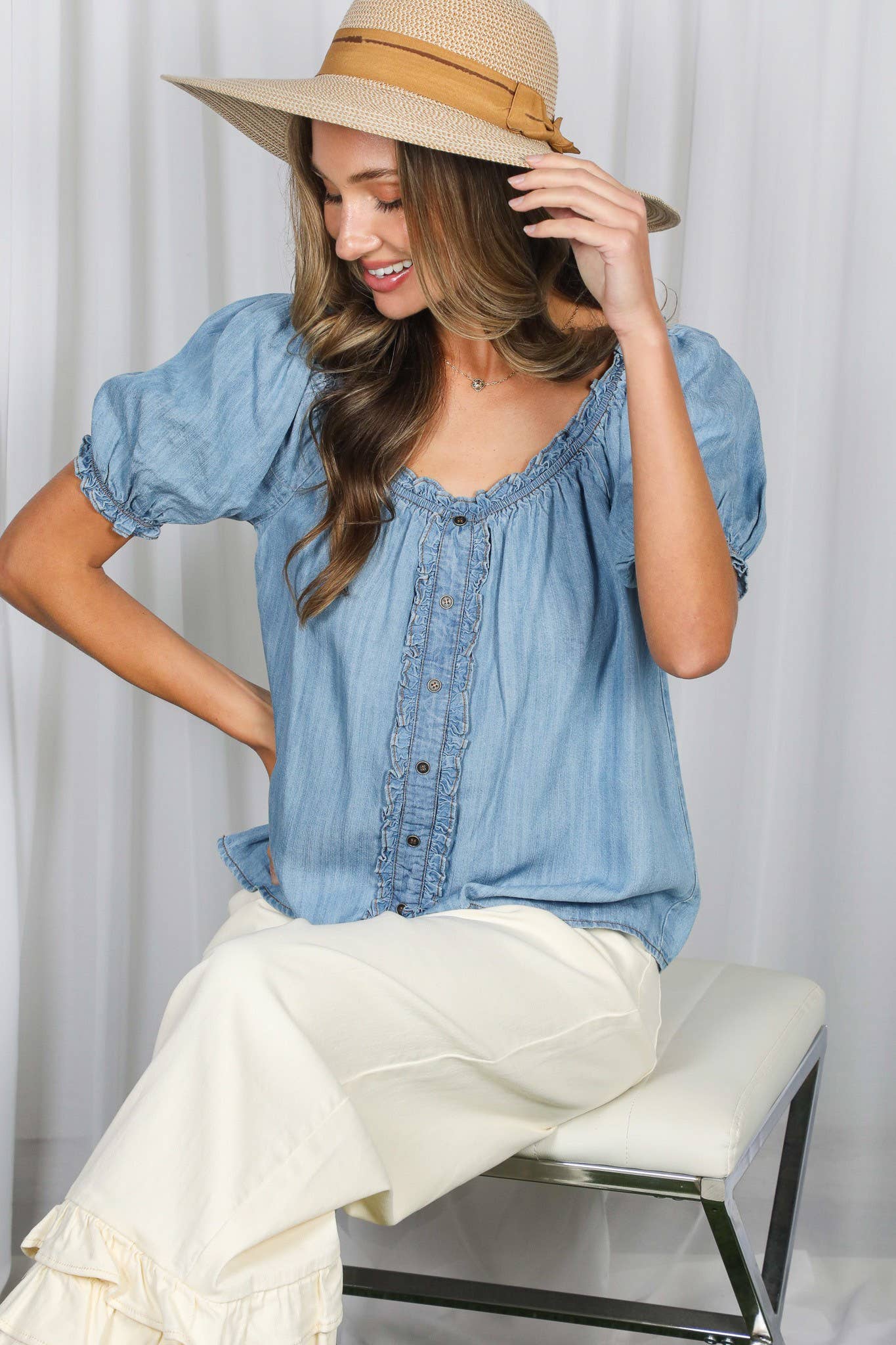 Ruffled Short Puff Sleeve 100%Tencel Chambray Top VT83232