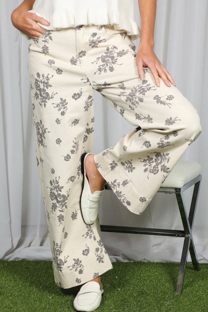 Floral Print Straight Leg Cotton Denim Span Pants