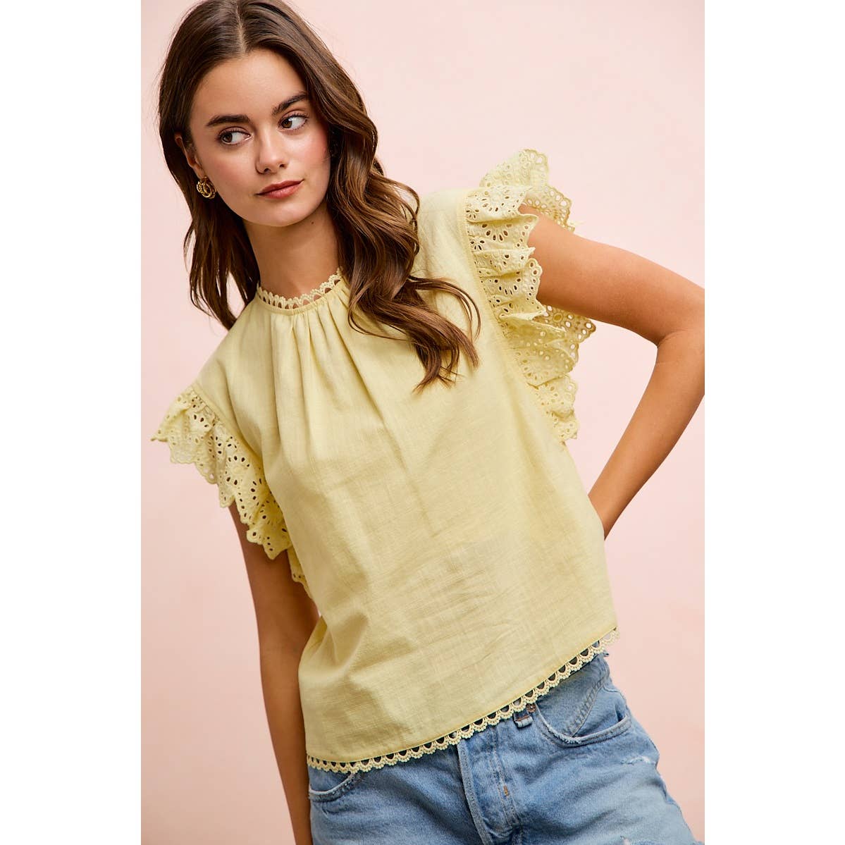 COTTON SOLID RUFFLE SLEEVE LACE DETAIL BLOUSE TOP