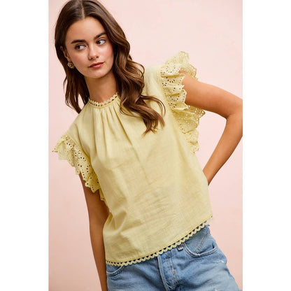 COTTON SOLID RUFFLE SLEEVE LACE DETAIL BLOUSE TOP