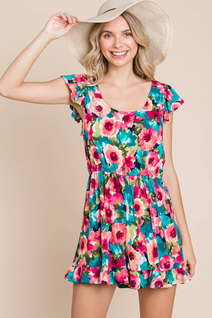 Curvy Floral Romper with Flutter Sleeves