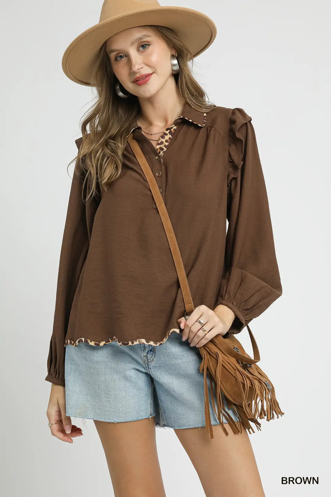 Ruffle Shoulder Leopard Trim Blouse