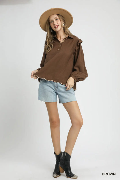 Ruffle Shoulder Leopard Trim Blouse