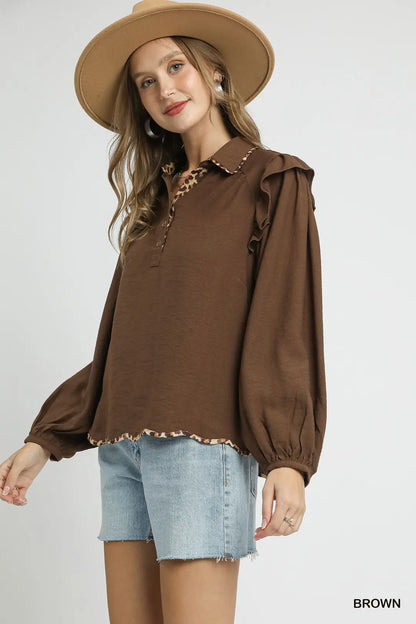 Ruffle Shoulder Leopard Trim Blouse