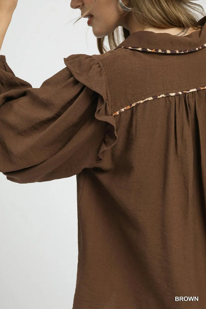 Ruffle Shoulder Leopard Trim Blouse