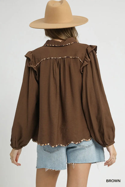 Ruffle Shoulder Leopard Trim Blouse