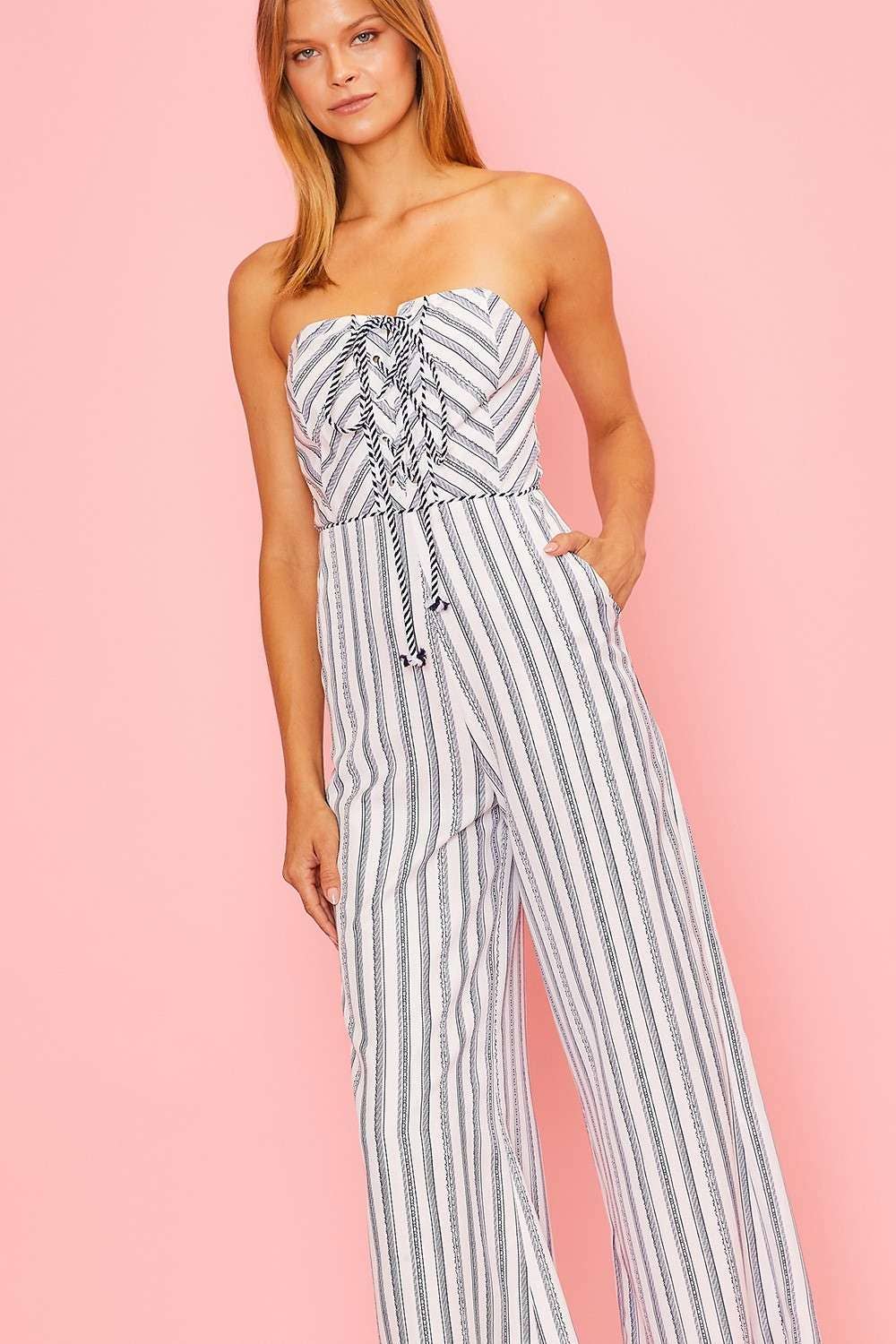 Strapless Front Cross Tie Stripe Jumpsuit
