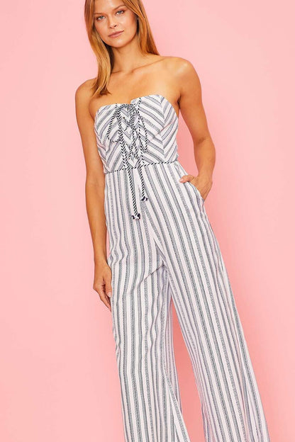 Strapless Front Cross Tie Stripe Jumpsuit
