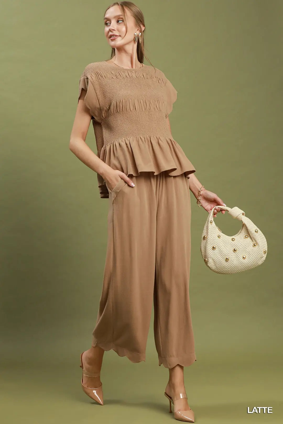 Linen Blend Scallop Hem Wide Leg Pants