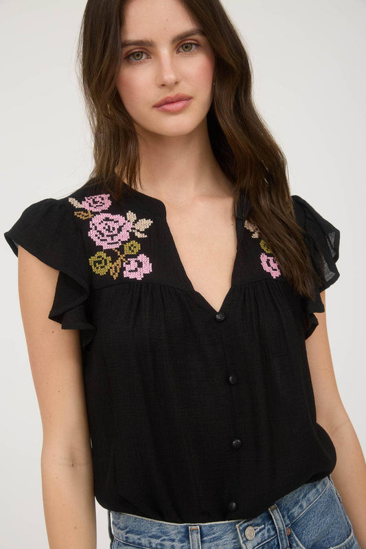 FLORAL EMBROIDERY BUTTON DOWN SHORT SLEEVE TOP - Southern Sassy Boutique